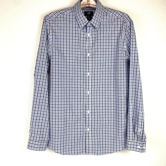 H&M Slim Fit Men Medium Button Down Black Blue White Checkered Long Sleeve Shirt - Picture 9 of 9